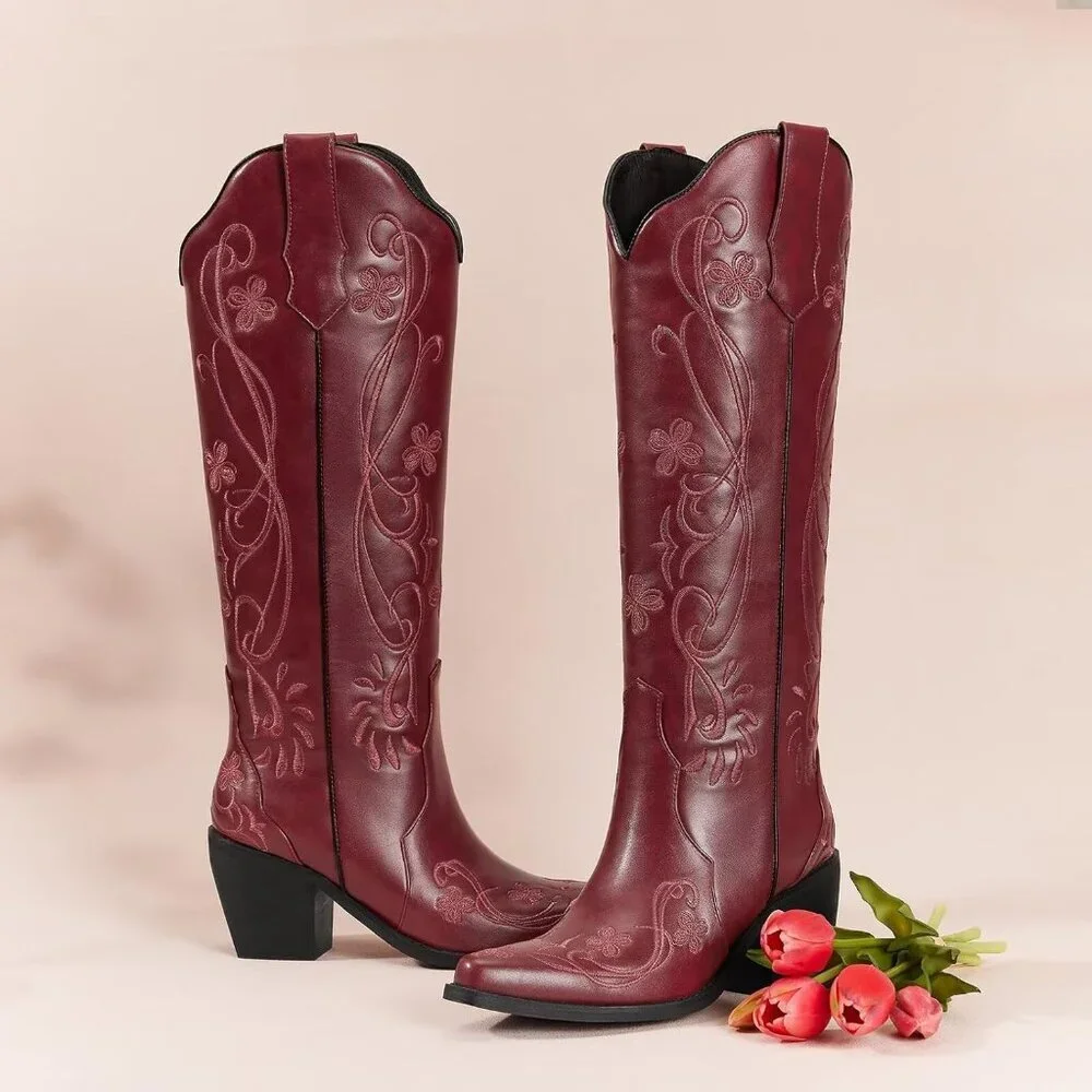 Women Passion Red Floral Knee High Cowgirl Boots, Western Boots with Pointed